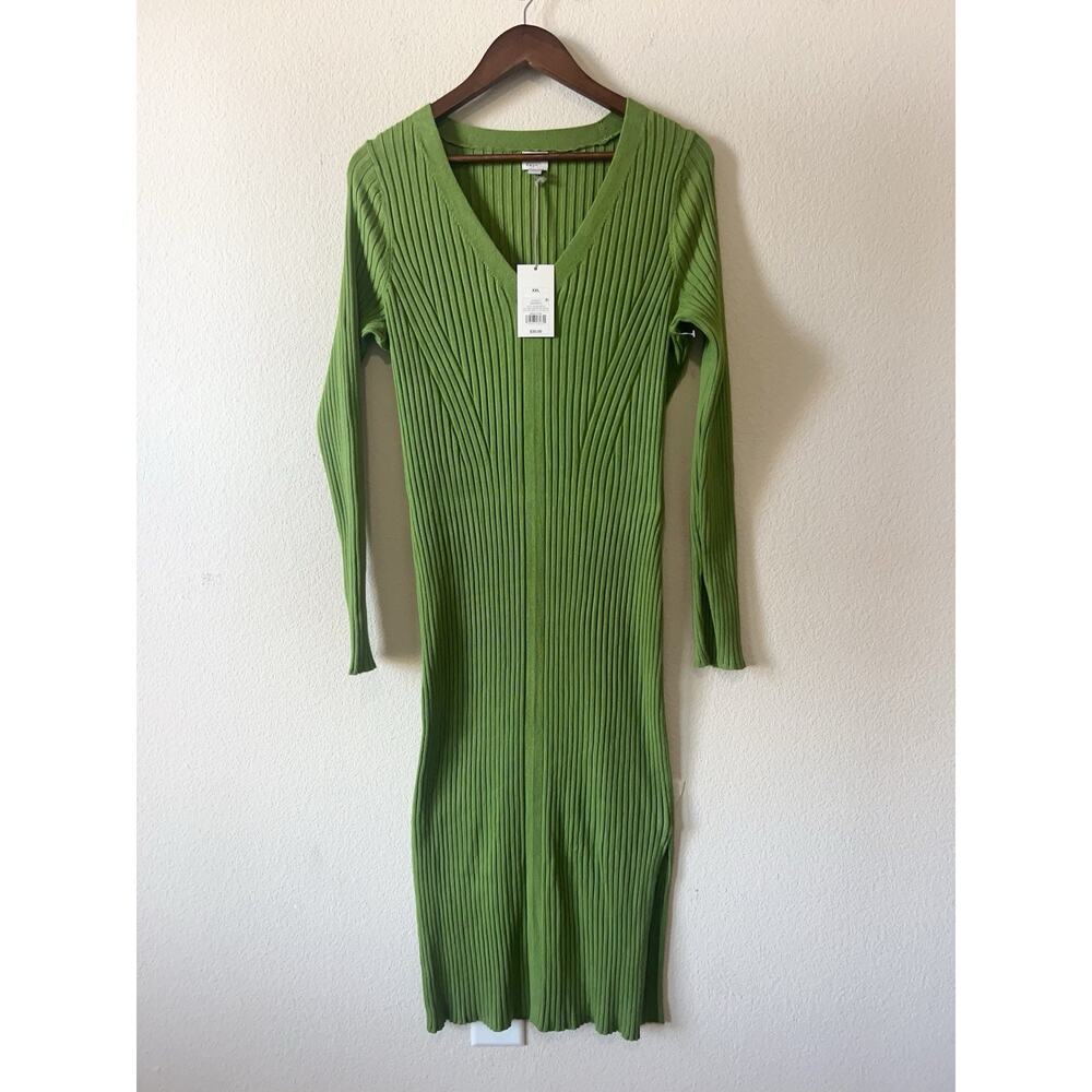 Ribbed Knit Midi Dress Green V Neck Long Sleeve Bodycon Slit A New Day XXL - Picture 7 of 8